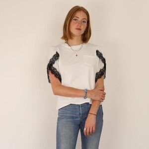THE KOOPLES  WHITE COTTON W/ BLACK LACE TRIM CHIFFON SLEEVES  COQUETTE‎ GIRL TOP